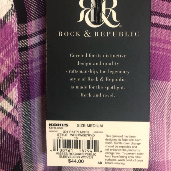 NWT med. Rock & Republic plaid tank 100% rayon - Picture 2 of 4